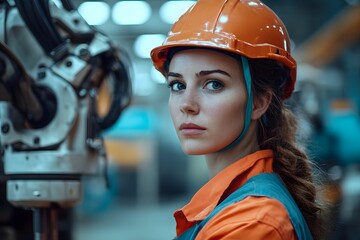 Woman engineer inspecting machine in factory, wearing orange helmet and uniform	