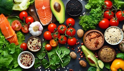 Vibrant display of gourmet ingredients showcasing fresh vegetables, aromatic herbs, organic grains, and colorful spices for a nutritious meal