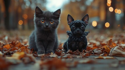 Wall Mural - Adorable black cat with glowing eyes sitting next to a small dog dressed as a vampire