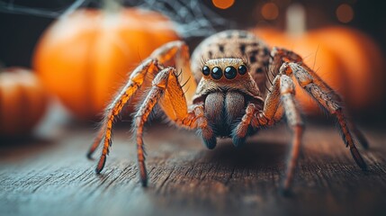 Close-up of a Halloween spider with glistening eyes and detailed web design