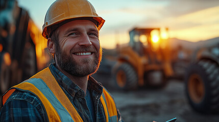 A smiling engineer wearing hard hat and safety vest stands confidently on construction site during sunset, showcasing positive and determined attitude