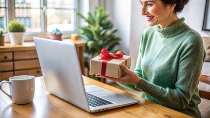 Cheerful woman receiving a Christmas gift from colleagues while using a laptop at home
