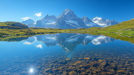 A serene landscape featuring mountain peaks reflected in still lake under clear blue sky, creating tranquil and picturesque scene