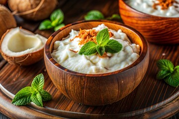 Creamy coconut yogurt garnished with mint leaves in a wooden bowl on a rustic wooden table