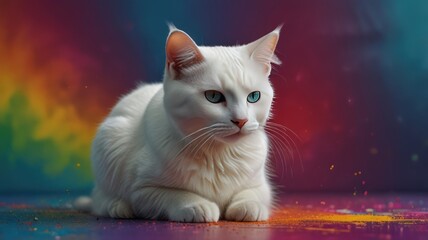 Wall Mural - White Cat with Blue Eyes on a Colorful Background