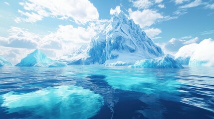 Wall Mural - Stunning iceberg mountain floating in clear ocean waters, with vibrant ice formations and a dramatic, realistic sky