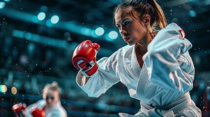 Wall Mural - A woman in a white uniform is boxing in a ring