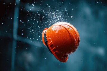 Wall Mural - Orange Hard Hat with Water Droplets Falling