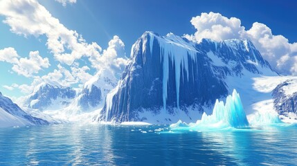 Wall Mural - Stunning iceberg mountain in a serene landscape, with bright blue and white ice formations, set against a realistic ocean backdrop