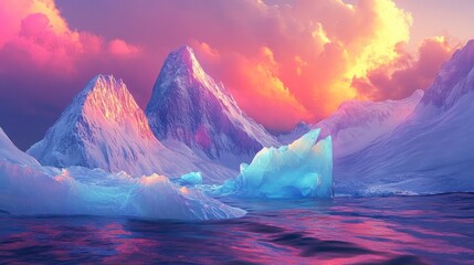 Wall Mural - Vibrant iceberg mountain floating in clear, icy waters, with bright colors and a dramatic, realistic sky in the background