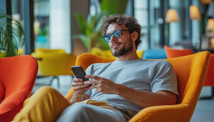 Creative man relaxing with smartphone in colorful coworking space