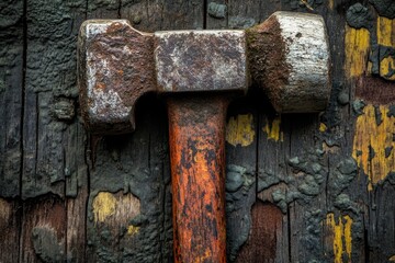 Sticker - Rusty Hammer Against Weathered Wood Background