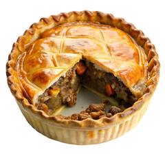 A dish of traditional m tis meat pie isolated on transparent background.