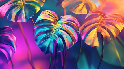 Wall Mural - Shiny tropical leaves in neon blue and purple colors.