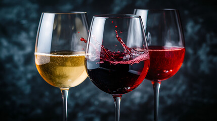 three glasses of red and white wine with splash reflect one another on dark background wine splash