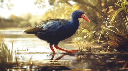 Wall Mural - A Purple Swamphen Wading Through a Marsh