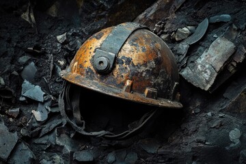 Sticker - A Rusty Hard Hat Resting on a Pile of Coal