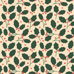 Wall Mural - seamless pattern with holly berry branches with berries and leaves; christmas background - vector illustration