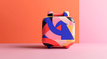 Wall Mural - A colorful, geometric-patterned box sits on a pink surface against an orange and pink background.