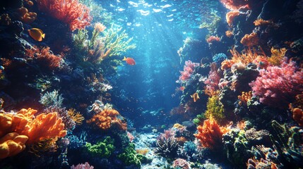 Underwater Coral Reef with Colorful Fish and Sunbeams