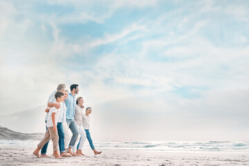 Poster - Hug, smile and walking with family on beach together for holiday, travel or vacation in summer. Sand, sky or space with happy old people, parents and children at ocean or sea for tropical getaway