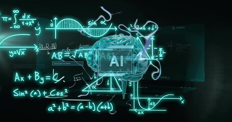 Wall Mural - AI text over brain and mathematical formulas, scientific data processing animation