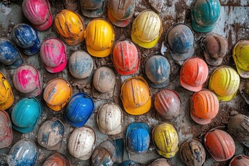 Canvas Print - A Collection of Worn and Dirty Construction Hard Hats