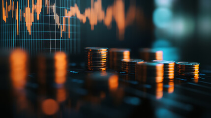 Stacks of coins sit in front of a glowing stock market chart, representing growth and financial success.