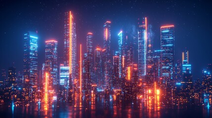 Futuristic Neon Cityscape at Night with Skyscrapers and Stars