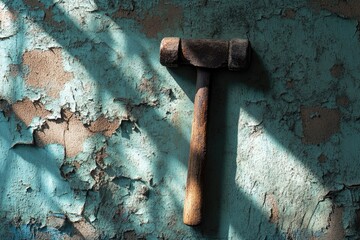 Canvas Print - Rusty Hammer Against a Chipped and Cracked Teal Wall