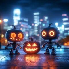 Sticker - Halloween Robots with Jack o  Lantern in City Night