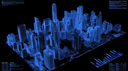Leinwandbilder - Virtual 3D Hologram City Target Scanning Mission Report Panel on futuristic HUD. Wireframe reality tower building digital data screen UI sci-fi element.