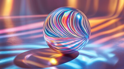 Canvas Print - Abstract iridescent sphere with colorful stripes on a reflective surface