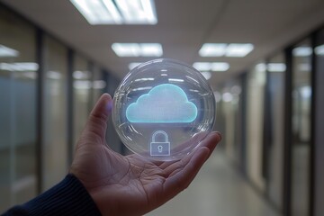 Fototapete - An abstract glowing cloud hologram with a globe and safety icons on a blurry interior background is held in the hand of a businessman.