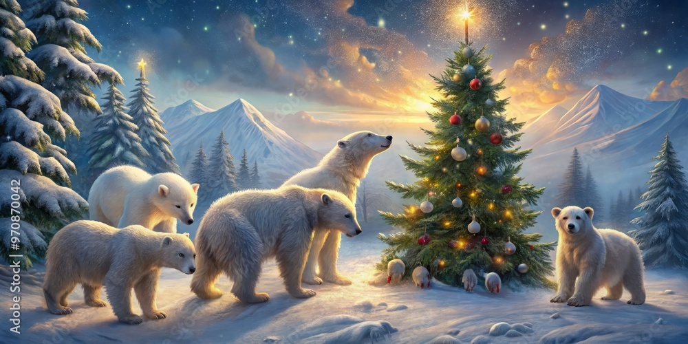 Snowy polar bears gather around a festive Christmas tree, adorned with ...