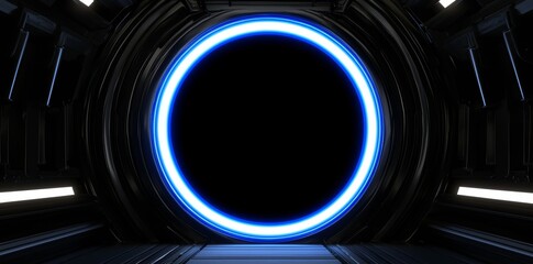 Fototapete - Light blue neon circle holographic hud with eight hexagons