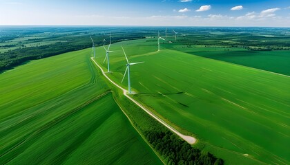 Wall Mural - Breathtaking aerial perspective of wind turbines in a vibrant green landscape capturing renewable energy against a backdrop of serene blue skies