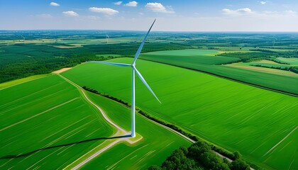 Wall Mural - Breathtaking aerial perspective of wind turbines in a vibrant green landscape capturing renewable energy against a backdrop of serene blue skies