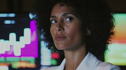 Poster - In a hologram display, a woman reviews a stock market database, or a futuristic night overlay, a Forex investment dashboard, a web ecommerce application, or an African trader trading NFT or bit: