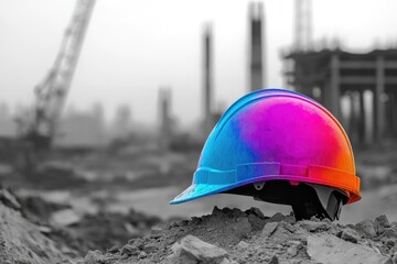 Canvas Print - A Multicolored Hard Hat Resting on Construction Debris