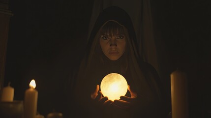 This mystic and witchy image features a young beautiful fortune teller girl holding a magic ball filled with predictions. The theme of mysticism and witchcraft is evident in the image.