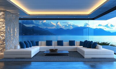 Make an outdoor lounge with gray and white wood walls, blue accent pillows on sofa, large window overlooking the ocean, stone wall accents, and white concrete flooring.