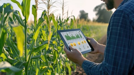 Wall Mural - Farmer using a tablet in a cornfield to monitor plant growth and data.