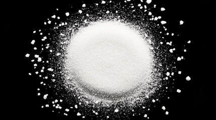 Sugar powder in a round frame with a backdrop of white flour and isolated salt particles on a black background. Illustration in vector format that feels realistic