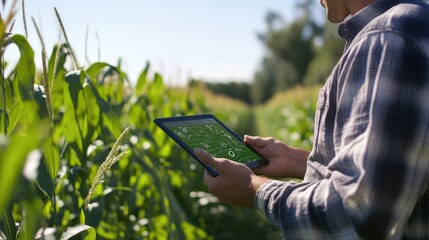 Wall Mural - A farmer stands in a field of corn, using a tablet to monitor his crops.