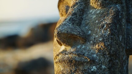 Close-up of a stone statue with a serene expression by the sea.