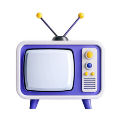 A detailed 3D render icon of an old television set with a blue outline and yellow knobs and buttons captured as a digital illustration