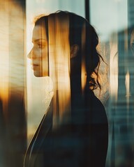 Wall Mural - Silhouette of a woman in warm tones behind glass reflections