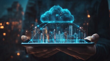 Wall Mural - Concept of digital cloud technology with futuristic cityscape displayed on tablet, symbolizing innovation and connectivity.