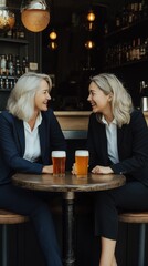 Wall Mural - Two women in business attire, leaning over table in bar, engaged in discussion about work, enjoying beers. Casual yet professional vibe